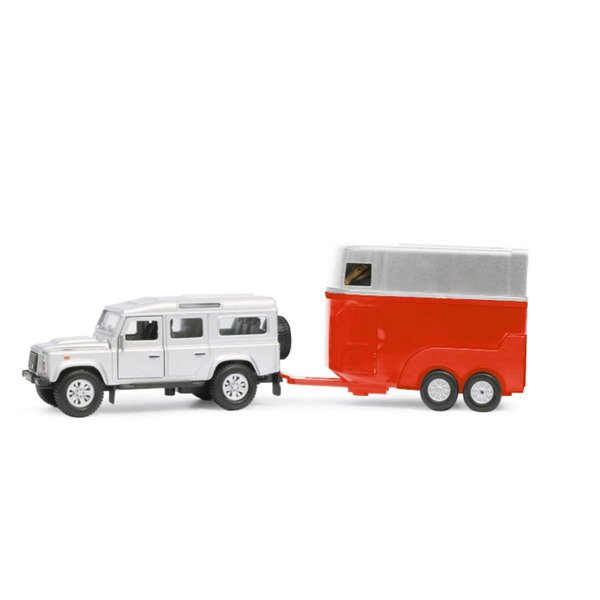 Pizca 1-32 Scale Silver Land Rover Defender with Horsetrailer & 2 Horses Diecast Pull Back PI1820220